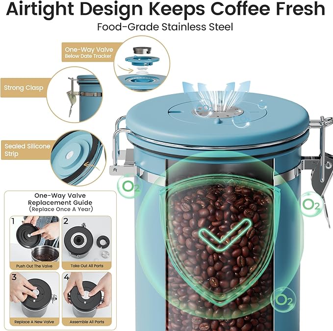 Veken Coffee Canister with Window, Airtight Stainless Steel Kitchen Food Storage Container with Lids, Date Tracker and Scoop for Ground, Beans, Tea, Flour, Cereal, Sugar Jars, 22OZ, Blue