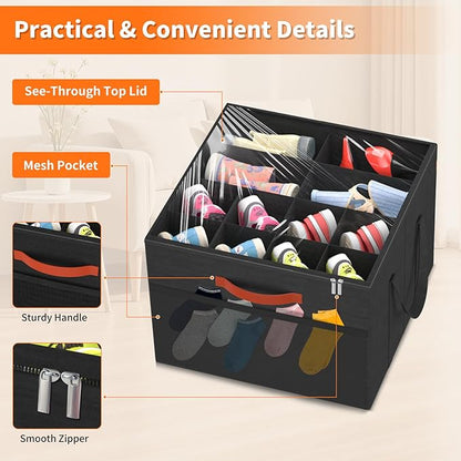 Aokeyee Shoe Organizer for Closet, 2 Pack Foldable Shoe Storage Organizer Box w/Clear Cover and 4 Reinforced Handles, Space Saving Shoes Bin Fits up to 16-32 Pairs, Black