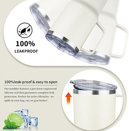 20oz Insulated Tumbler with Handle Stainless Steel Travel Coffee Mug with Lid and Straw Double Wall Vacuum Leak-proof Reusable Thermal Water Cup for Hot and Cold Drinks (Cream,1 Pack)