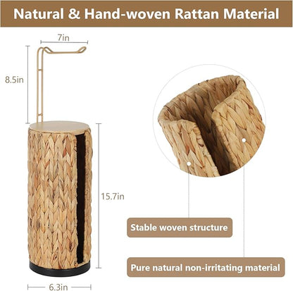 Freestanding Toilet Paper Holder with Storage,3 Rolls of Tissue Holder for Bathroom,Handmade Woven Toilet Paper Roll Holder Stand,Water Hyacinth Boho Bathroom Decor Farmhouse Toilet Paper Storage