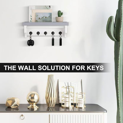 Key and Mail Holder Wall Mount, Key Holder with Shelf and Mail Organizer Wall Mount. Mail Holder with 5 Hooks for Coat, Dog Leash, Home Decor Rack, Entry Way Organizer (Gray & White)