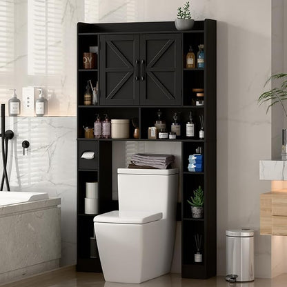 Farmhouse Storage Cabinet Over Toilet with Barn Doors，Over The Toilet Storage Cabinet, Home Space-Saving Toilet Rack, for Bathroom, Restroom, Laundry.Pure Black