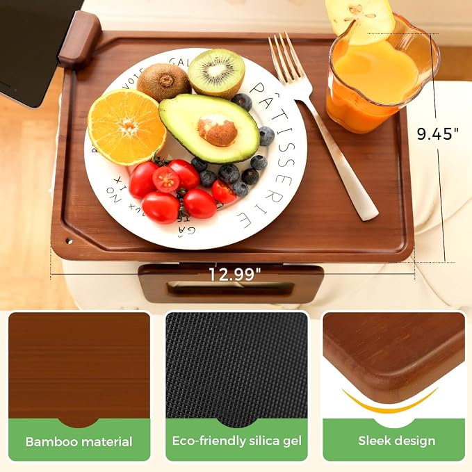 Smatdecis Couch Arm Tray Table Sofa Arm Clip, Armrest Tray Table Suitable for Home Drinks/Fast Food/Fruit Etc, Large Size Multi-Function Brown(360° Rotating Stand B)