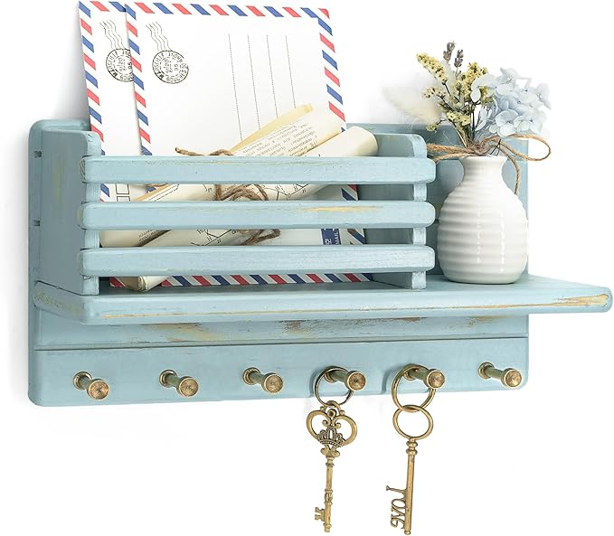 Rebee Vision Pine Wood Key Holder Wall Mount for Home Decor - 6 Hooks for Hats, Essential Home Organizer - Farmhouse Key Holder for Wall Mail Slot Can Store Letters & Files (Blue)