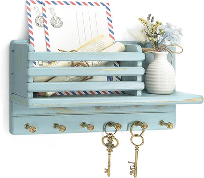 Rebee Vision Pine Wood Key Holder Wall Mount for Home Decor - 6 Hooks for Hats, Essential Home Organizer - Farmhouse Key Holder for Wall Mail Slot Can Store Letters & Files (Blue)