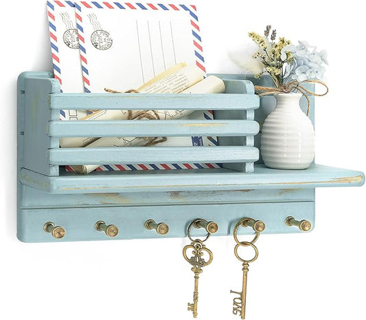 Rebee Vision Pine Wood Key Holder Wall Mount for Home Decor - 6 Hooks for Hats, Essential Home Organizer - Farmhouse Key Holder for Wall Mail Slot Can Store Letters & Files (Blue)