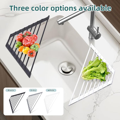 Ohuhu Corner Sink Strainer, Sponge Holder for Kitchen Sink Organizer - Silicone Wrapped Steel Anti Slip Rust Triangle Over the Sink Roll-UP Dish Drying Rack Caddy Kitchen Sink Accessories