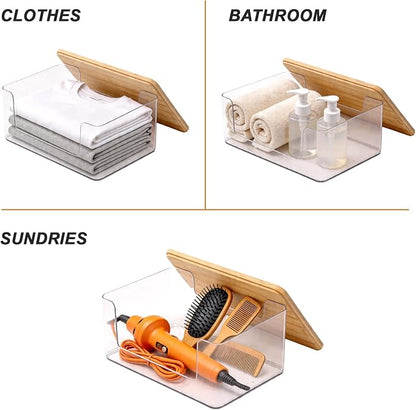 1 Pack Trash Bag Holder, Stackable Garbage Bag Dispenser with Lid | Clear Plastic Organizer with Bamboo Lid, Space-Saving Under Sink Storage for Kitchen, Laundry Room, Pantry & Cabinet