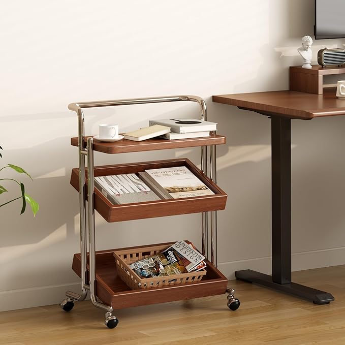 Solid Wood Rolling End Table Cart with Adjustable Storage - 3-Tier Stainless Steel Fame Side Table on Wheels Narrow Bedside Storage Table Small Bar Serving Cart for Living Room