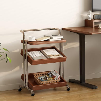 Solid Wood Rolling End Table Cart with Adjustable Storage - 3-Tier Stainless Steel Fame Side Table on Wheels Narrow Bedside Storage Table Small Bar Serving Cart for Living Room