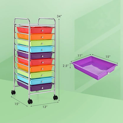 OFFICEJOY Storage Cart, Rolling Utility Cart with 10 Drawers, Portable Handles & Lockable Wheels, Mobile Paper Toys Storage Organizer Large Capacity for Home Office School Teacher (Multi-Color)