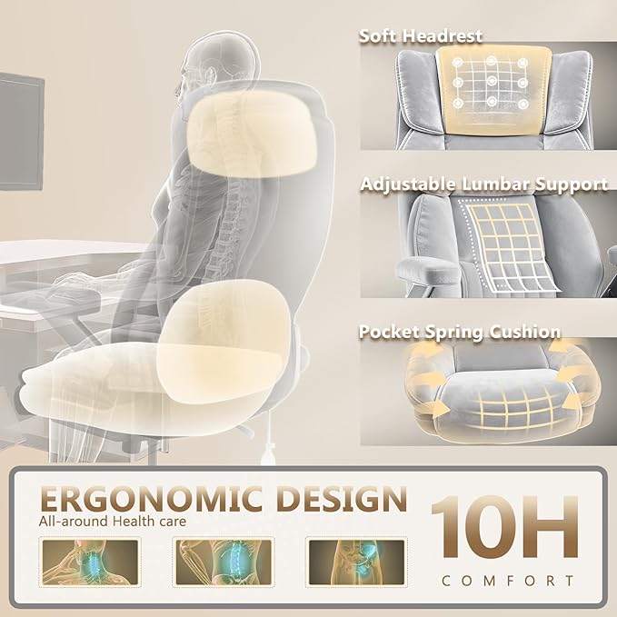 650LBS Fabric Heavy Duty Executive Office Chair with 5D Flip Arms and Pocket Spring Cushion, Ergonomic Big and Tall Desk Chair with Lumbor Support,High Back Cloth Computer Chair (Fabric Grey)