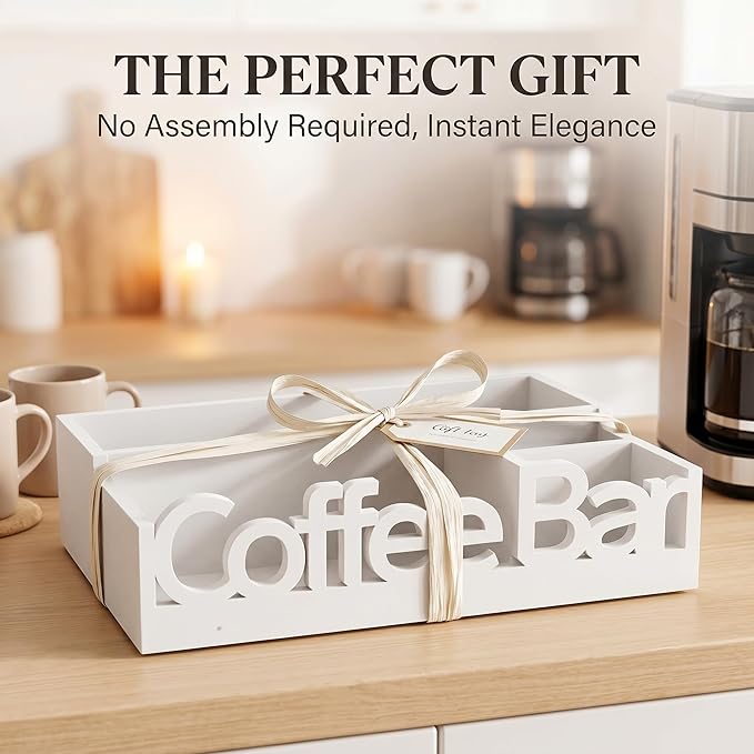 Coffee Bar Organizer for Countertop – Wooden Coffee Station Caddy with Compartments for Pods, Condiments, Tea, and Accessories – Home and Office Mini Coffee Station Organizer (White)