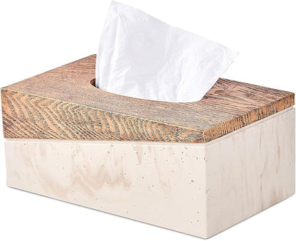 Rectangular Natural Travertine and Rustic Wood Textures Tissue Box Cover for Bathroom,Livingroom,Bedroom, Hand-Made Resin Wood Inlaid Travertine Tissue Box Holder,10 x 5.7 x 4.5 in