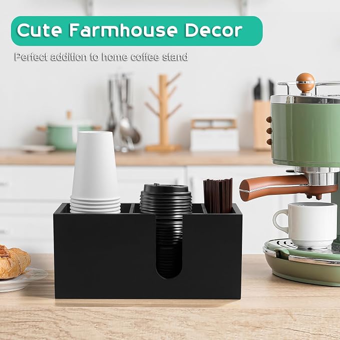 ALELION Large Black Coffee Cup Organizer for Disposable Cups, Lids and Stir Sticks - 3-Compartment Countertop Cup Holder Storage Rack for Coffee Station, Kitchen, Office