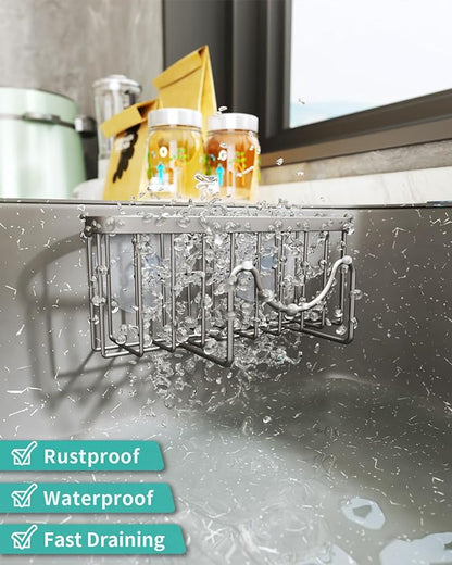 HapiRm Kitchen Sponge Holder for Sink - 2 Installation Methods Kitchen Sink Caddy Organizer with Unique M-Shaped, Rustproof Stainless Steel Sponge Caddy - Brushed Nickel (Large)