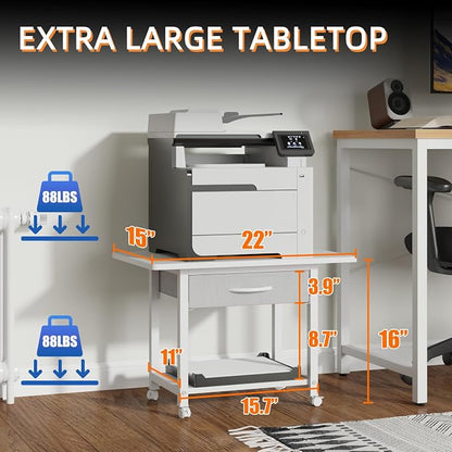 YAOHUOO 22"x15" Large Printer Stand with Drawer, 2-Tier Rolling Table Cart | Under Desk Printer Table,Storage Fabric Drawer,Fit printer/fax/3d/scanner,4 Lock Wheels or Feet,For Home Office Dorms,White