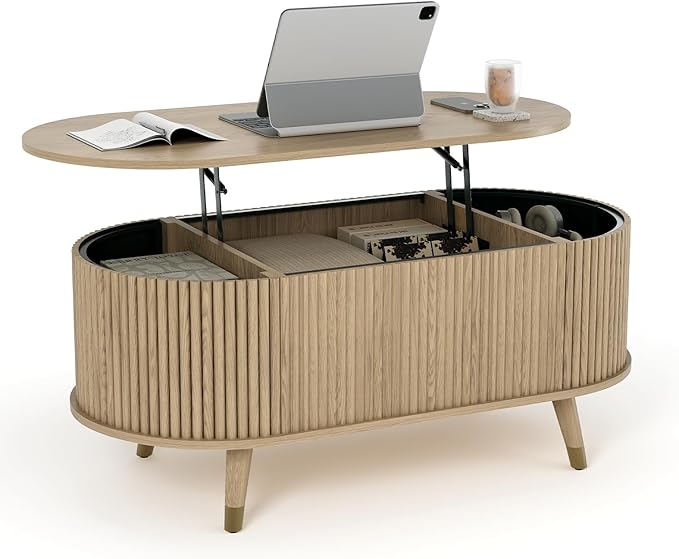 42.5" Oval Lift Top Coffee Table with Storage, Mid Century Modern Oak Center Table with Fluted Panel, Solid Wood Legs & Hidden Compartment for Living Room