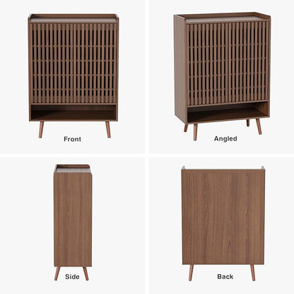 Large Shoe Cabinet with Grille Doors, 6 Tier Wooden Shoe Storage Cabinet with Adjustable Shelves, Mid-Century Freestanding Shoe Organizer Cabinet for Entryway, Hallway, Walnut