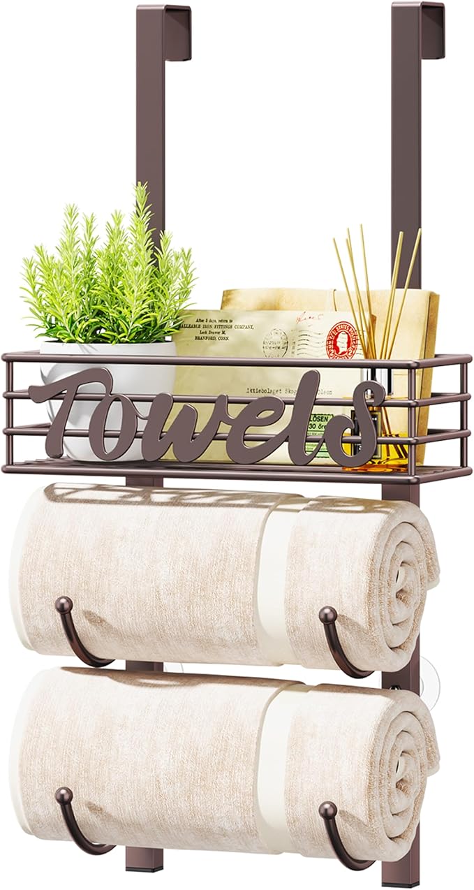 HapiRm Towel Racks for Bathroom Storage - 3 Tier Over The Door & Wall Mount Rolled Towel Storage Organizer Holder with Metal Shelf Basket for Small Bathroom, Camper, Rv - Bronze, Patented