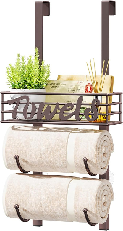 HapiRm Towel Racks for Bathroom Storage - 3 Tier Over The Door & Wall Mount Rolled Towel Storage Organizer Holder with Metal Shelf Basket for Small Bathroom, Camper, Rv - Bronze, Patented