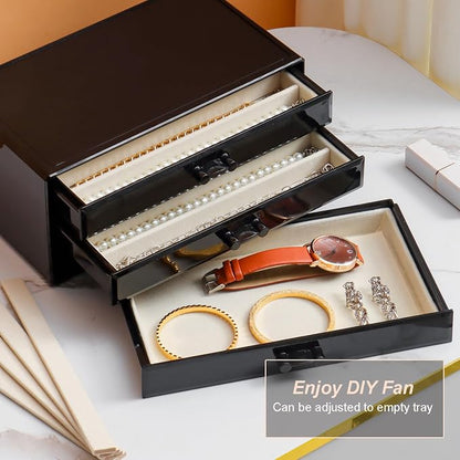 YUFONG Necklace Holder Organizer, Dustproof Necklace Box Velvet Necklace Organizer Box with Lid Clear Acrylic Dustproof Stackable Jewelry Displays for Necklaces Chain Display (Black Beige, 5 Drawer)