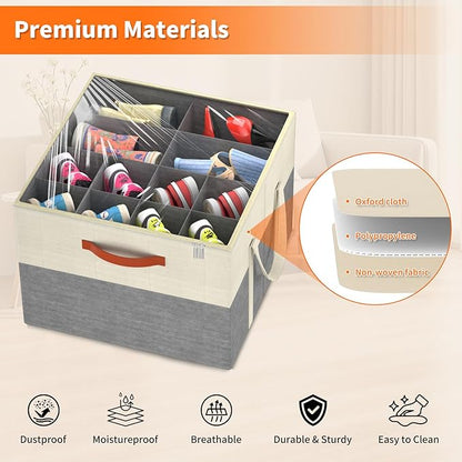 Aokeyee Shoe Organizer for Closet, 2 Pack Foldable Shoe Storage Organizer Box w/Clear Cover and Reinforced Handles, Space Saving Shoes Bin Fits up to 16-32 Pairs, Beige and Grey