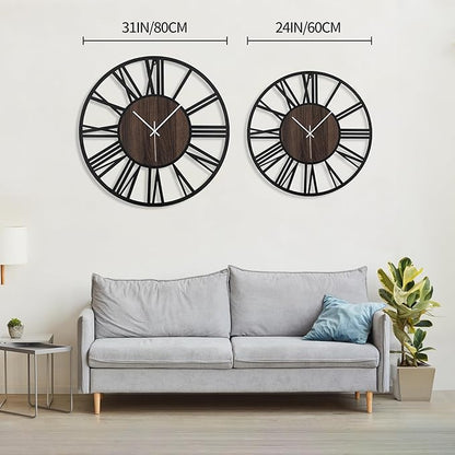 LEIKE Extra Large Wall Clocks,Silent Little Ticking,Battery Operated Vintage Round Modern Wood Wall Clock for Living Room, Bedroom,Farmhouse,Office Home Decor-32 Inch(Black-Roman Numerals)