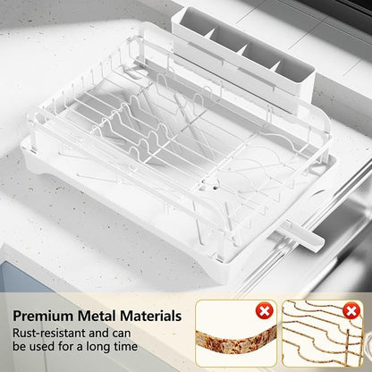 LIYI Dish Drying Rack for Kitchen Counter - Kitchen Dish Rack with Drainboard, Small Dish Drainer with Utensil Holder for Sink, 16.5" D x 11.6" W x 6.6" H, White