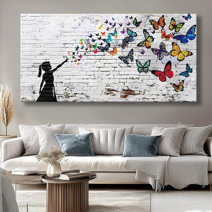Canvas Wall Art Butterfly Girl - Modern Graffiti Paintings for Living Room, Bedroom Wall Decor, Framed Wall Art for Home or Office Decoration 20"x40"(50CMx100CM)