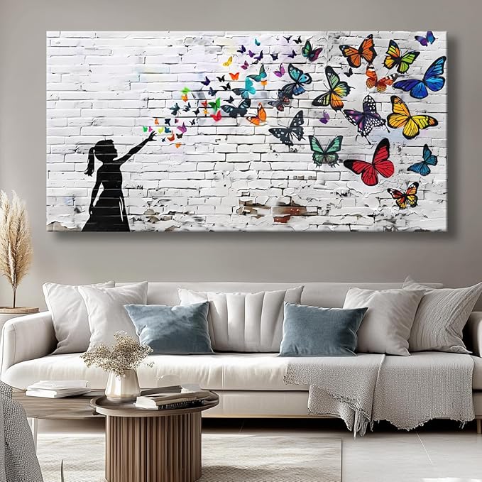Canvas Wall Art Butterfly Girl - Modern Graffiti Paintings for Living Room, Bedroom Wall Decor, Framed Wall Art for Home or Office Decoration 48x24in