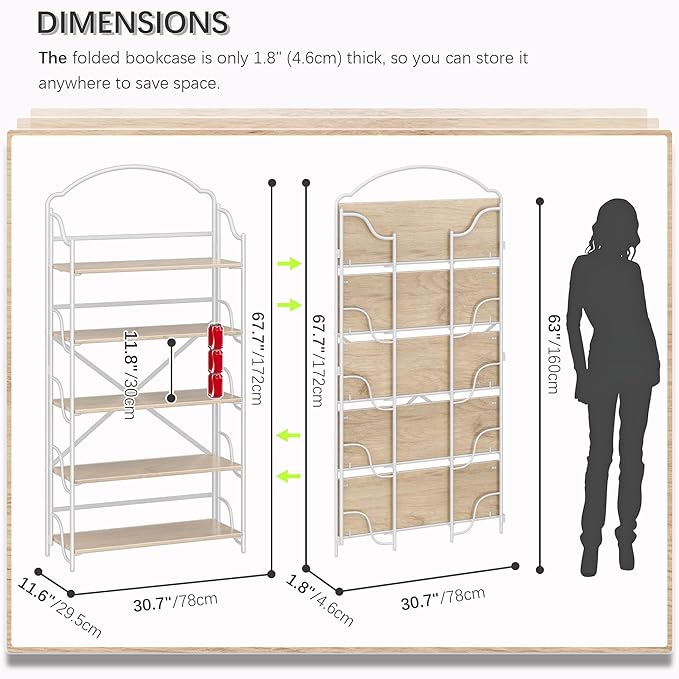 4NM No Assembly Extra Wide Folding Bookshelf for Living Room, 5 Tiers Collapsible Book Shelves Open Industrial Foldable Bookcase Storage Shelf for Home Office - Cloud Oak