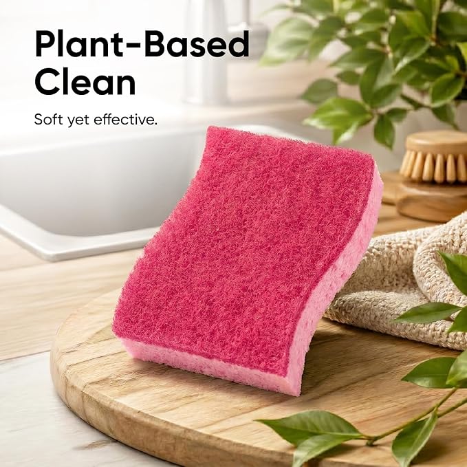 Non-Scratch Cellulose Sponge Kitchen Scrub Sponge with Scouring Pad Set, Good for Non-Stick Cookware Frying Pan, Pot, Counter Top, Sink Scrubbing, Kitchen Scrubbers, Pack of 1, Red/Pink