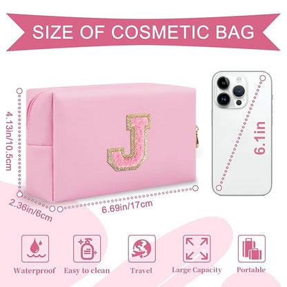 Personalized Initial A-Z Preppy Patch Makeup Bag,Small PU Leather Chenille Letter Cosmetic Bag with Zipper for Teen Girls,Pink Cute Travel Toiletry Bag,Birthday Monogrammed Gift for Daughter,Letter J