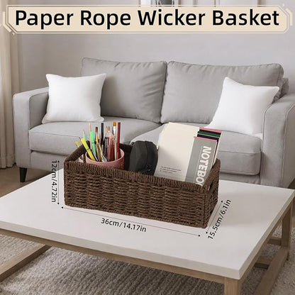 Paper Rope Wicker Storage Baskets with Handles, 2 Pack Foldable Storage Basket, Rectangle Wicker Basket, Small Wicke Baskets for Pantry Shelves, Toilet Paper Storage Basket for Bathroom, Brown