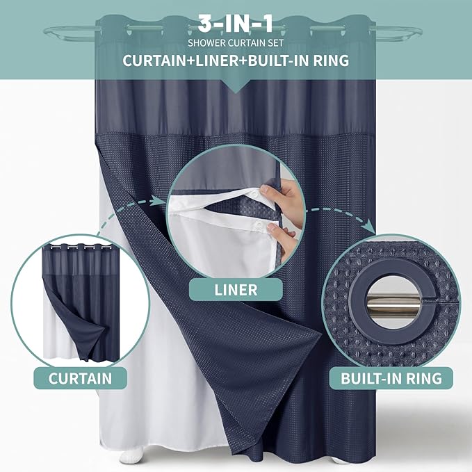 Navy No Hook Waffle Weave Shower Curtain with snap-in Liner Replacement, 230GSM Waterproof Fabric Hotel Shower Curtain Set for Bathroom, Through Mesh Top Window,71Wx77H