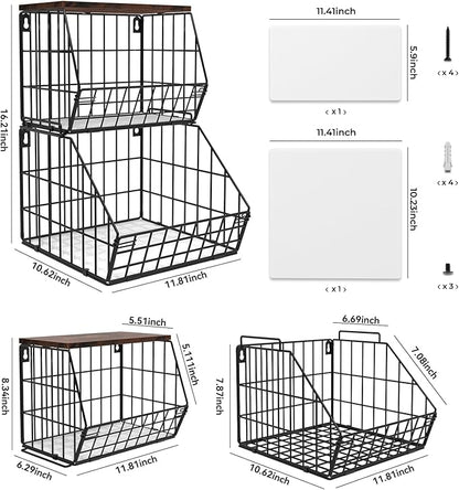 2 Tier Stackable Wall Mounted Hanging Basket, Fruit Basket for Kitchen Counter, Storage Bin with Wood Lid, Onion Storage, Fruit and Vegetable Storage, Countertop Organizer