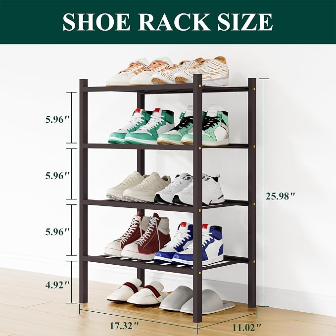 Smiry Small Bamboo Shoe Rack, 4 Tier Free Standing Wooden Shoe Organizer, Stackable Wood Shoe Storage Shelf for Closet, Entryway, 12 Vertical Slats, 2+2 Stack Standard Legs, 17.3"x11"x26", Brown