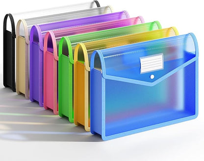 Plastic Expanding File Folder, Transparent envelopes with Snap Closure,No Dividers,Large Capacity,Assorted Colors,Bills&Taxes,Letter/A4 Size for School/Office/Home-7 Pack