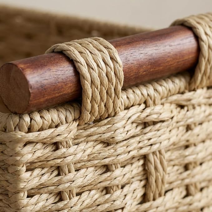Toilet Tank Basket, Khaki Wicker Storage Basket with Wooden Handles, Handwoven Paper Rope Toilet Tank Organizer, Basket for Top of Toilet, Bathroom Countertop Baskets for Organizing