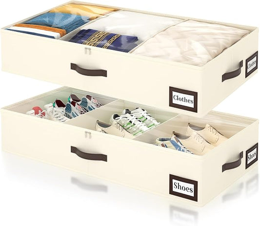 OIAHOMY 2 Pack 53L Under Bed Storage with Adjustable Dividers, 6" Low Profile Underbed Storage Bins for Comforters & Clothes, Save Closet Space with Clear View Lid & Reinforced Handles, Beige