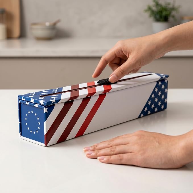 ChicWrap Red, White and Blue Refillable Foil Dispenser - One 12"x 30' Roll of Professional Grade Aluminum Foil - Reusable Dispenser w/Slide Cutter - Kosher Certified - Reduces Waste & Saves Money