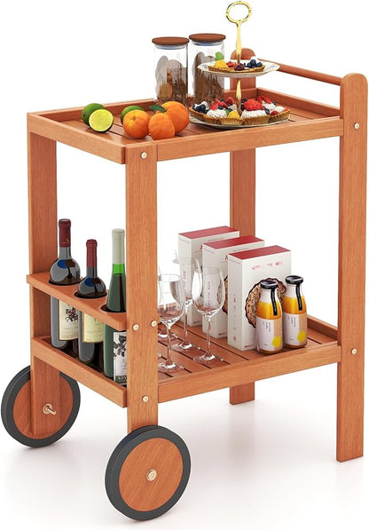 Giantex Wood Bar Cart, 2 Tier Side Table with Large Wheels & Wine Bottle Rack, Home Bar Serving Cart with Teak Oil Finish, Indoor & Outdoor Mobile Beverage Cart for Home, Poolside, Patio