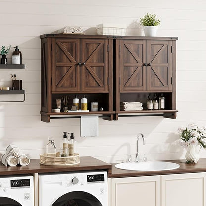 QUW Farmhouse Bathroom Wall Cabinet, Modern Medicine Cabinets with Towel Bar & Jewelry Holder, Over The Toilet Storage Cabinet with Barn Door for Laundry, Living Room, Hallway, Dark Walnut
