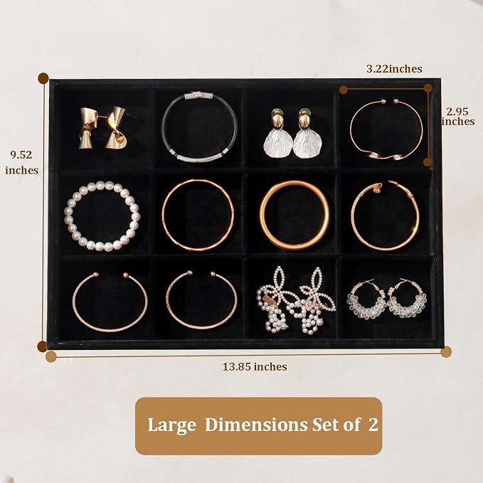 Large Velvet Jewelry Tray 2 Pack Stackable Jewelry Display Drawer Inserts Trays Organizer for Earring Bracelet Necklace Ring (Black, 12 Grids+24 Grids)