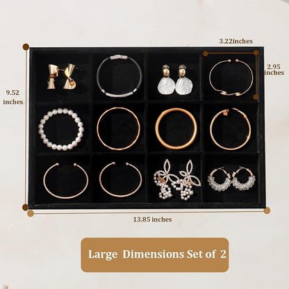 Large Velvet Jewelry Tray 2 Pack Stackable Jewelry Display Drawer Inserts Trays Organizer for Earring Bracelet Necklace Ring (Black, 12 Grids+24 Grids)