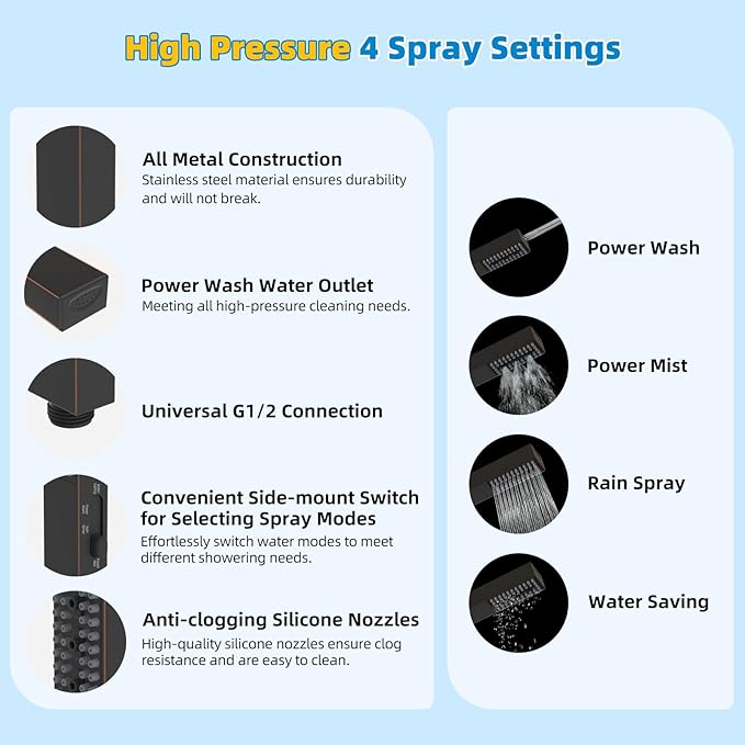 Hibbent All Metal cUPC Certified Shower Head, 10'' High Pressure Rainfall Showerhead Combo, Handheld Shower Wand, 12'' Adjustable Extension Arm, 4-Spray, 71'' Hose, Shower Holder, Oil Rubbed Bronze