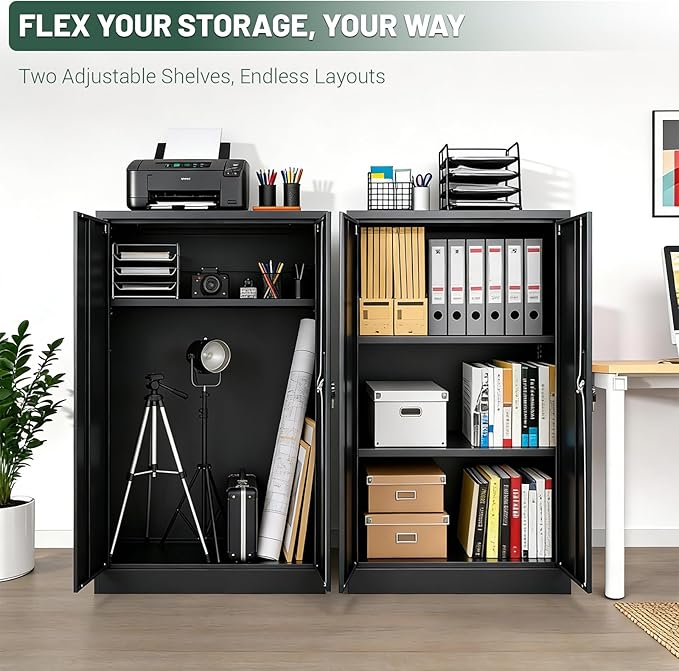 42" Folding Metal Storage Cabinet with Lock,2 Doors and 2 Adjustable Shelves,Quick Assembly Foldable Steel Cabinet for Office Home Garage,Black