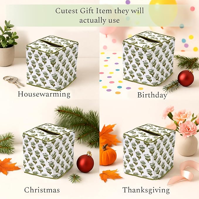 CPC Emerald Green Hand Block Printed Cotton Tissue Box Cover 5" x 5" x 5.5" Square Soft Reusable Boho Napkin Holder for Home Kitchen Dining Bathroom Office Cafe Spa Summer Thanksgiving