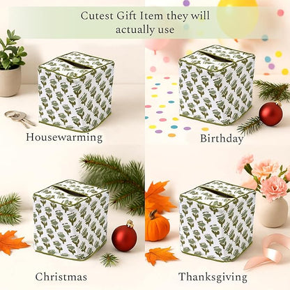 CPC Emerald Green Hand Block Printed Cotton Tissue Box Cover 5" x 5" x 5.5" Square Soft Reusable Boho Napkin Holder for Home Kitchen Dining Bathroom Office Cafe Spa Summer Thanksgiving